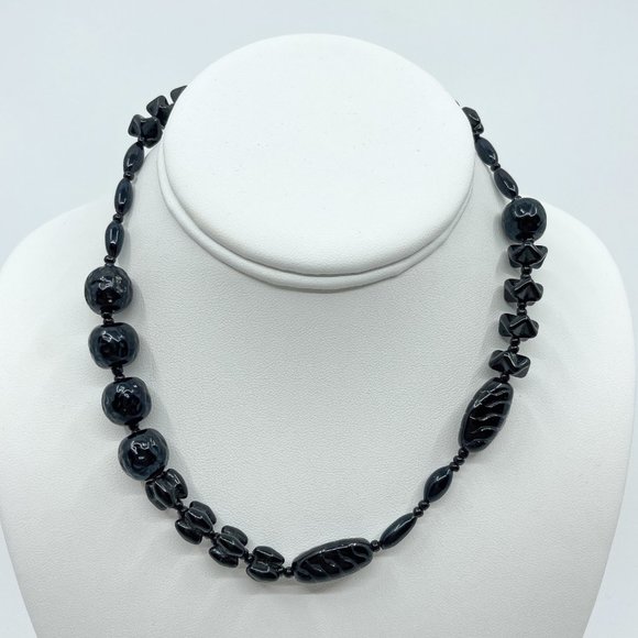 Vintage Miriam Haskell Beaded Choker Necklace Black Asymmetrical Dimple Beads - Picture 1 of 9